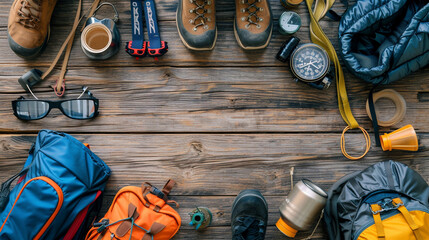 A hiker's delight: well-organized outdoor gear displayed against a wooden backdrop
