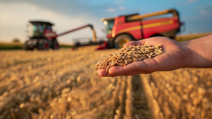 A hand firmly grasps a handful of grain in front of a powerful tractor, showcasing the connection between farming and machinery.