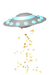 3D rendering of a UFO with golden stars flying out. UFO on a transparent background. Aliens concept.
