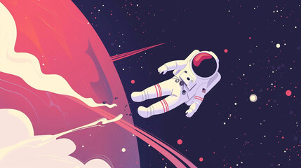 An astronaut in a white spacesuit exploring the vastness of outer space with a cartoon-style design, representing the spirit of discovery and adventure.