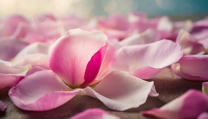 Obraz na płótnie Canvas Soft-hued fallen pink rose petals on surface, symbolizing beauty's transient nature