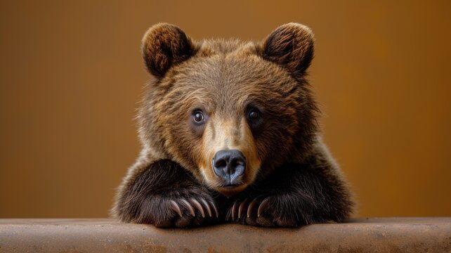 cute bear, looks curiously over a table