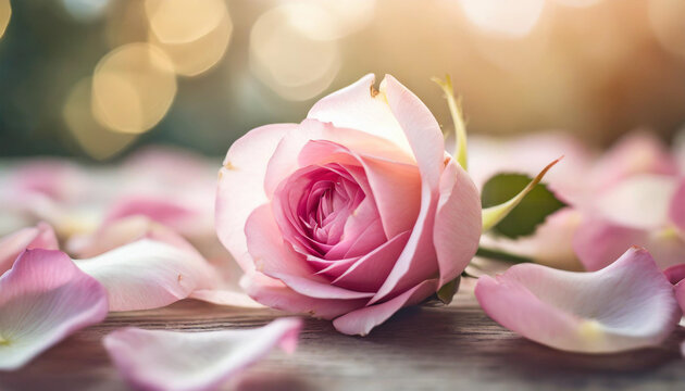 Soft-hued fallen pink rose petals on surface, symbolizing beauty's transient nature