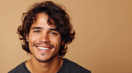 A Handsome Mexican Man With Wavy Hair And A Cheerful Smile, Isolated On A Khaki Background