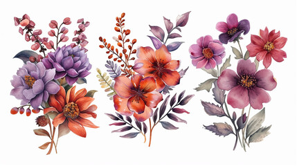 Artistic watercolor illustration of vibrant and diverse floral bouquets, showcasing an array of hand-drawn flowers as stock clip art.