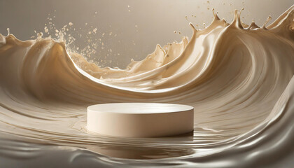 Beige pedestal for product display with cream waves, symbolizing elegance and purity - obrazy, fototapety, plakaty
