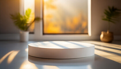 Minimalist white podium in sunlit room, perfect for product showcasing