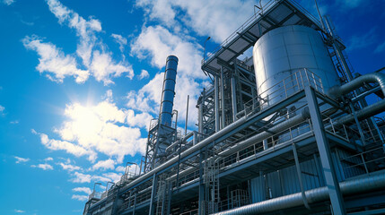 A modern gas power plant harnessing clean energy sources to reduce pollution and protect the ozone layer, nestled among the clouds in a clear sky.