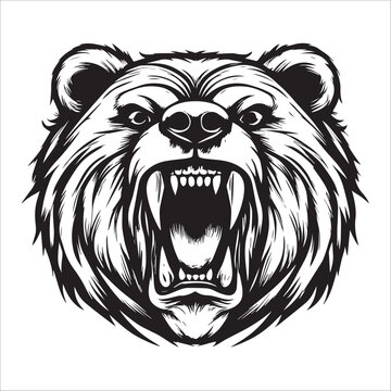 bear head , black and white bear head roaring angry silhouette design