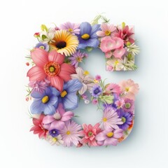 Flower alphabet. Letter G isolated on a white backdrop. Spring colorful concept. Soft pastel color blooming flowers with clean background.