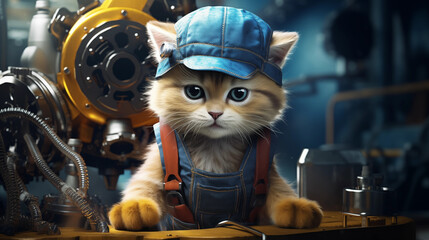 kitten in a blue cap and denim overalls near a table around mechanical devices - obrazy, fototapety, plakaty