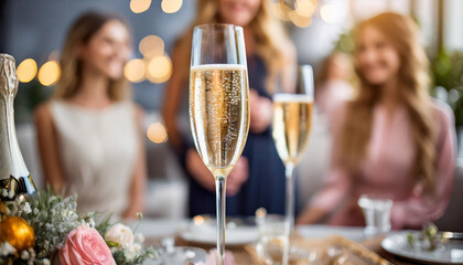 champagne glass at upscale party, with blurred background - obrazy, fototapety, plakaty