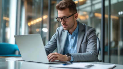 A professional is focused on working on a laptop at an office desk, with documents spread out and a casual yet smart style.