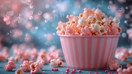 A pink bucket with lots of popcorn to watch entertainment. Pink bucket with popcorn in a pink children's movie theme. - obrazy, fototapety, plakaty