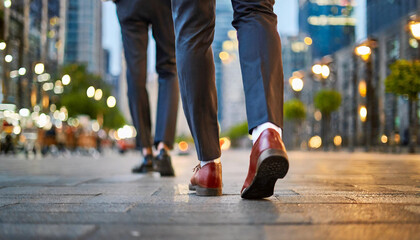 Busy urban professionals walking on city street during rush hour. Low angle view captures the motion and energy of business life