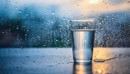 Glass of water on wet window with space reflection - obrazy, fototapety, plakaty