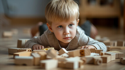 a blond boy is playing in the living room