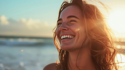 a beautiful woman laughs loudly on the seashore - obrazy, fototapety, plakaty