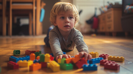 a blond boy is playing lego in the living room