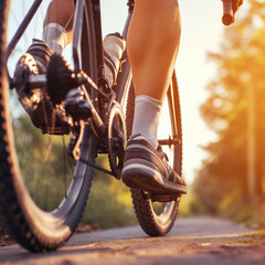 Close-Up of Cyclist's Legs Pushing the Pedals, Detail Shot of Biking Activity, Outdoor Cycling Exercise, Sunset Light on Bicycle Gear, Active Lifestyle, Fitness and Sports Training Concept - obrazy, fototapety, plakaty