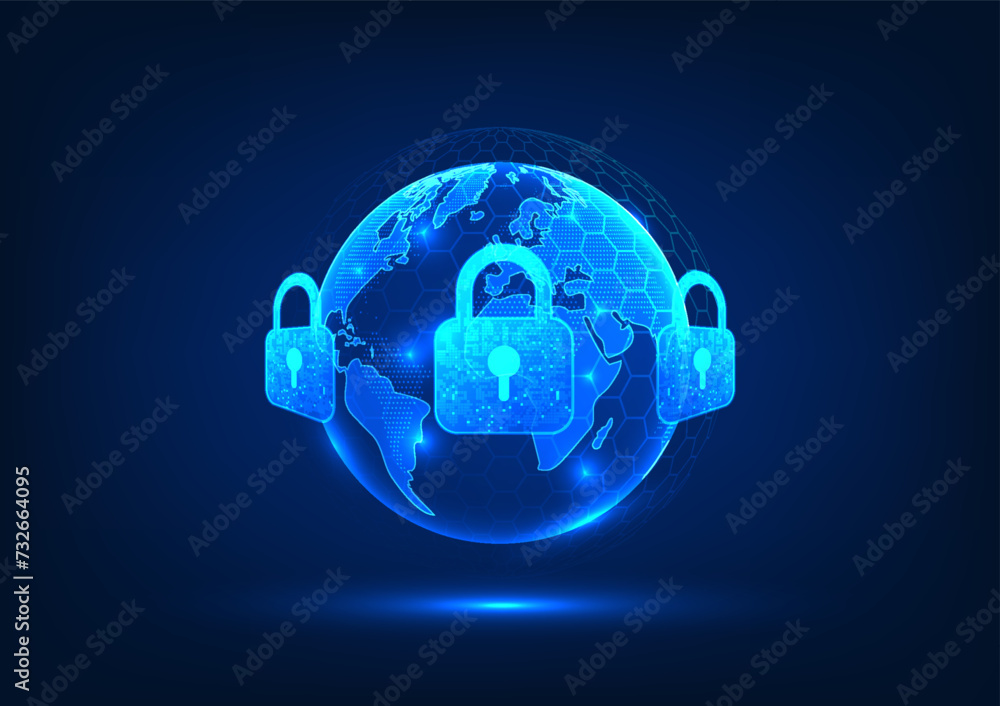 Poster cyber security technology and data privacy a world surrounded by locks shows a system to prevent the