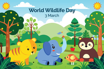Obraz na płótnie Canvas world wildlife day with scenery animal in jungle background. cartoon animal in forest vector illustration