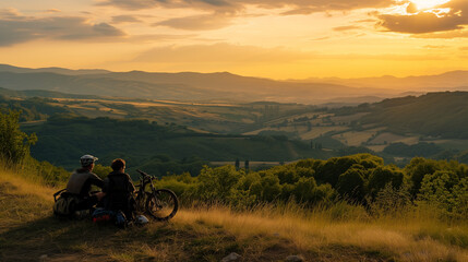 Fototapeta premium Cyclists at Rest on Hilltop Overlooking Panoramic View of Rolling Hills at Sunset, Peaceful Landscape, Travel and Adventure, Biking Break with Scenic Vista, Serenity of Nature, Outdoor Recreation