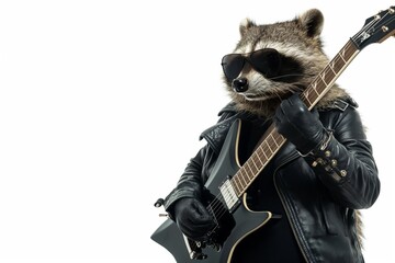 Cool Raccoon Playing an Electric Guitar in a Leather Jacket With Sunglasses. concept rock'n'roll day