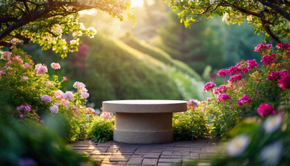Fototapeta na wymiar Product pedestal in lush garden with blossoms, ideal for showcasing items with natural elegance