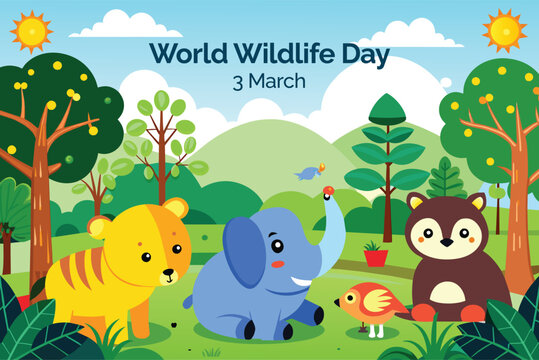 world wildlife day with scenery animal in jungle background. cartoon animal in forest vector illustration