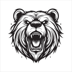 bear head , Black and white silhouette of a fierce roaring bear head