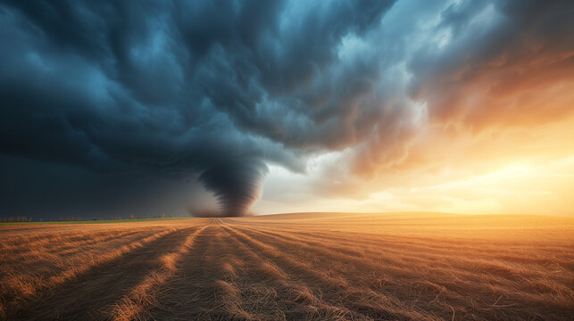 Majestic View of a Tornado Touching Down on Open Fields, Dramatic Weather Phenomenon, Powerful Cyclone in Rural Landscape, Natural Disaster Scene, Contrast Between Stormy Skies and Sunset Light