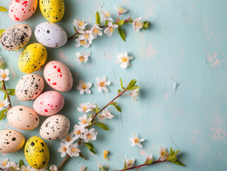 Happy Easter. Congratulatory easter background. Easter eggs and flowers on blue. - 732664646