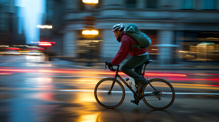Urban Cyclist Navigating Through City Streets, Dynamic Motion Blur, Commuter Riding at Twilight, Active Lifestyle in Urban Environment, Speed and Movement in Downtown Setting