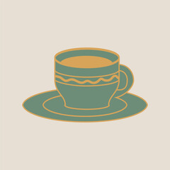 Vintage retro flat Scandinavian tea cup with plate and steam. Cozy cottage hot drink, beverage. Ceramic tea cup Packaging, cafe, teashop, social media stories. Isolated hand drawn art illustration