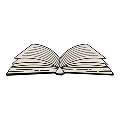 Open book outline. Realistic simple hand drawn style, pages with text. Isolated vector art illustration for school, bookstore, dictionary, teacher, writer. Drawing for learning, study, knowledge