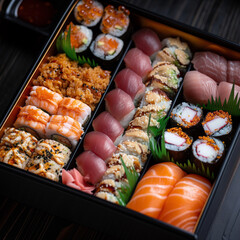 Assorted Japanese Bento Box with Sushi and Sashimi