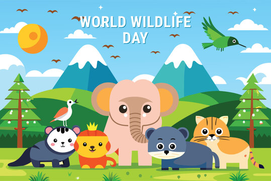 world wildlife day with scenery animal in jungle background. cartoon animal in forest vector illustration