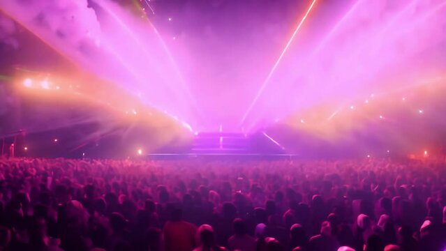 a concert stage with a laser show and lights, smoke. a crowd of people standing in front of the stage. Generative AI