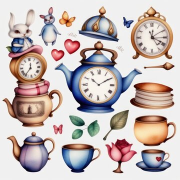 Alice in wonderland inspired elements, collection, Watercolor Clipart.