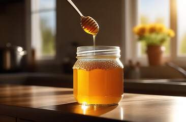 honey flowing into a jar on the table against the background of a window close-up - obrazy, fototapety, plakaty