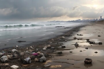 Fototapeta na wymiar The Environmental pollution with an image of a polluted beach. Use somber tones and scattered debris to illustrate the impact of human activity on natural landscapes.