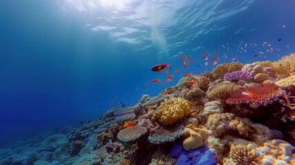 Fototapeta na wymiar Sunlight Filtering Through Blue Ocean Water Over a Colorful Coral Reef Teeming with Fish