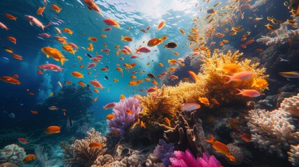 Fototapeta na wymiar Dynamic Underwater Scene of a Coral Reef Bursting with Colorful Fish and Sunlight Rays