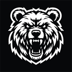 bear head , Roaring fierce bear head black and white illustration logo