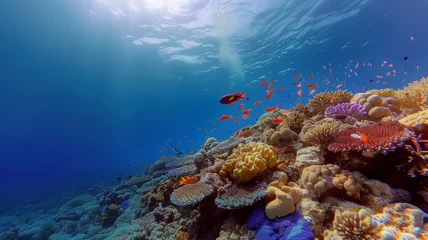 Foto op Aluminium Vivid Coral Reef Teeming with Marine Life Under the Crystal Blue Ocean Surface © Increasi