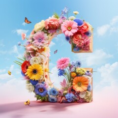 Letter G or C made in 3d shape and covered with colorful soft pastel color blooming flowers with clean soft background.