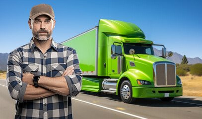Truck driver on a background of green truck powered by clean carbon neutral energy.