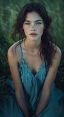 Fototapeta premium Portrait of a Young Woman with Natural Makeup Posing in a Dreamy Grassland at Dusk
