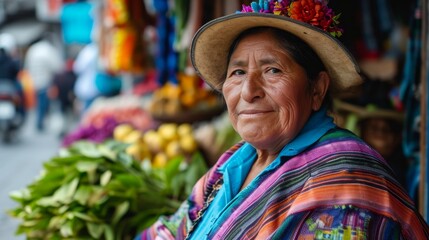 Indigenous Woman Selling Fresh Produce at a Local Market with a Warm, Welcoming Smile